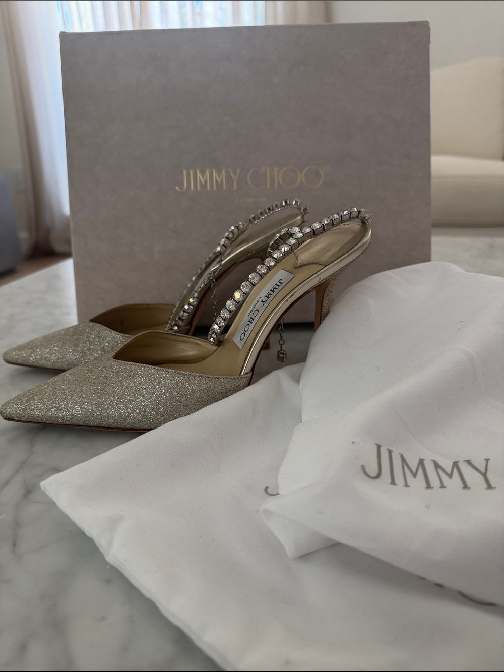 Jimmy Choo Ivory/Crystal Pointed-Toe Pumps with Crystal Straps